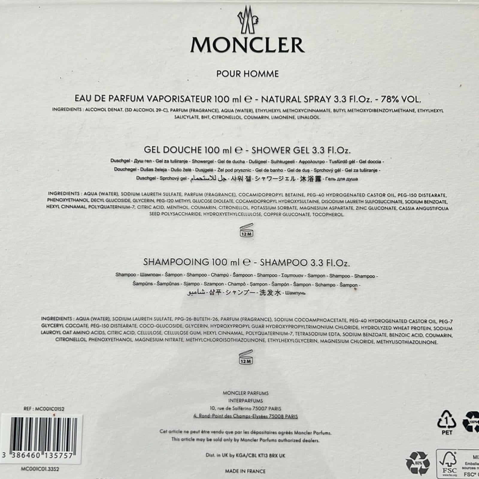 MONCLER Pour Homme 3-Piece Gift Set ForMen (Made in France) New in Box