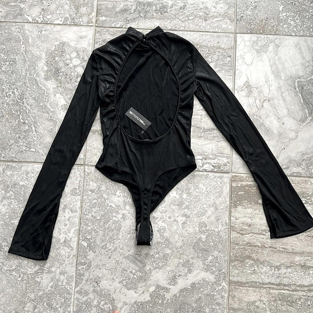 PrettyLittleThing Black Metallic High Neck Open Back Bodysuit, Size UK10 US6 NEW
