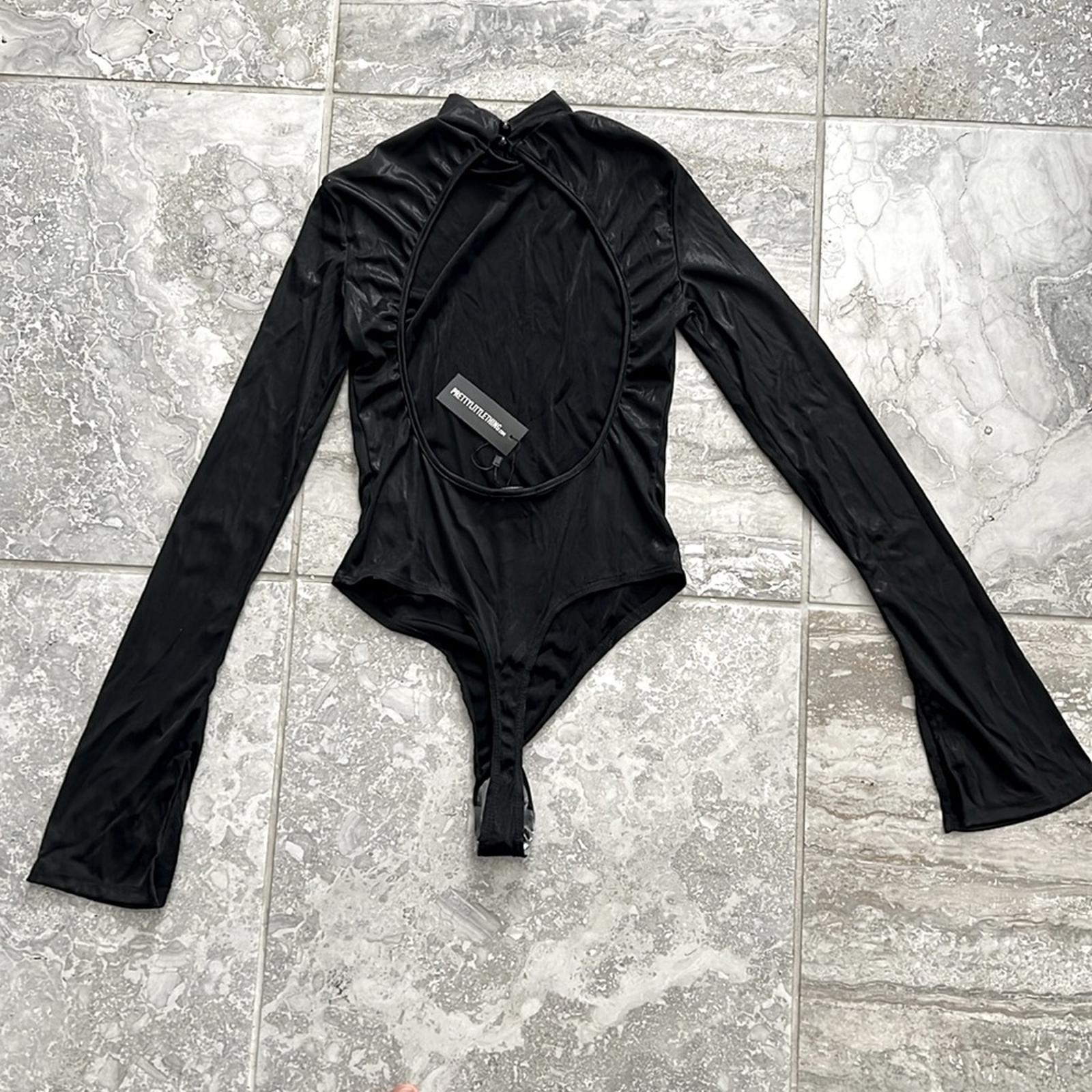PrettyLittleThing Black Metallic High Neck Open Back Bodysuit, Size UK10 US6 NEW