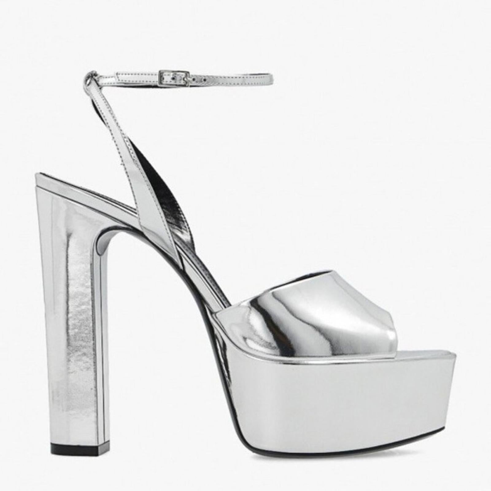 Saint Laurent Jodie Platform Sandals in Metallic Silver, Size 41 NEW +2 DustBags