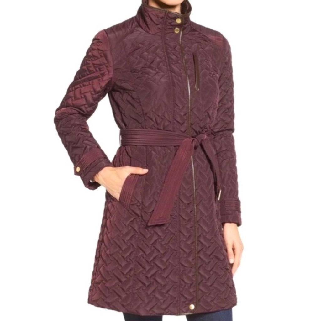 Cole Haan Burgundy Quilted Long Jacket w/Brown Leather Trim, NO BELT XL $260