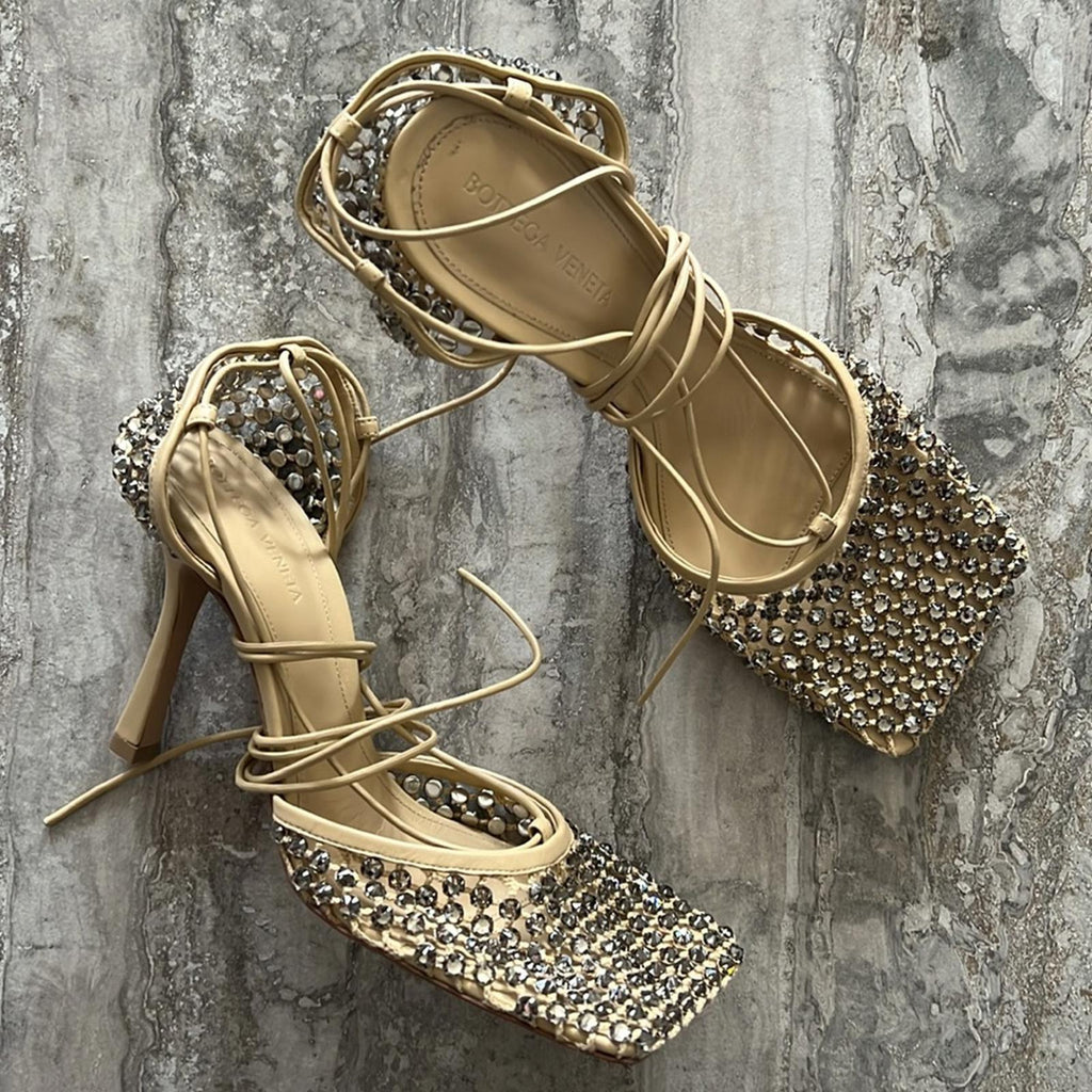 Bottega Veneta Sparkle Stretch Lace-Up Sandals, Toile Size 41 New in Box $1950