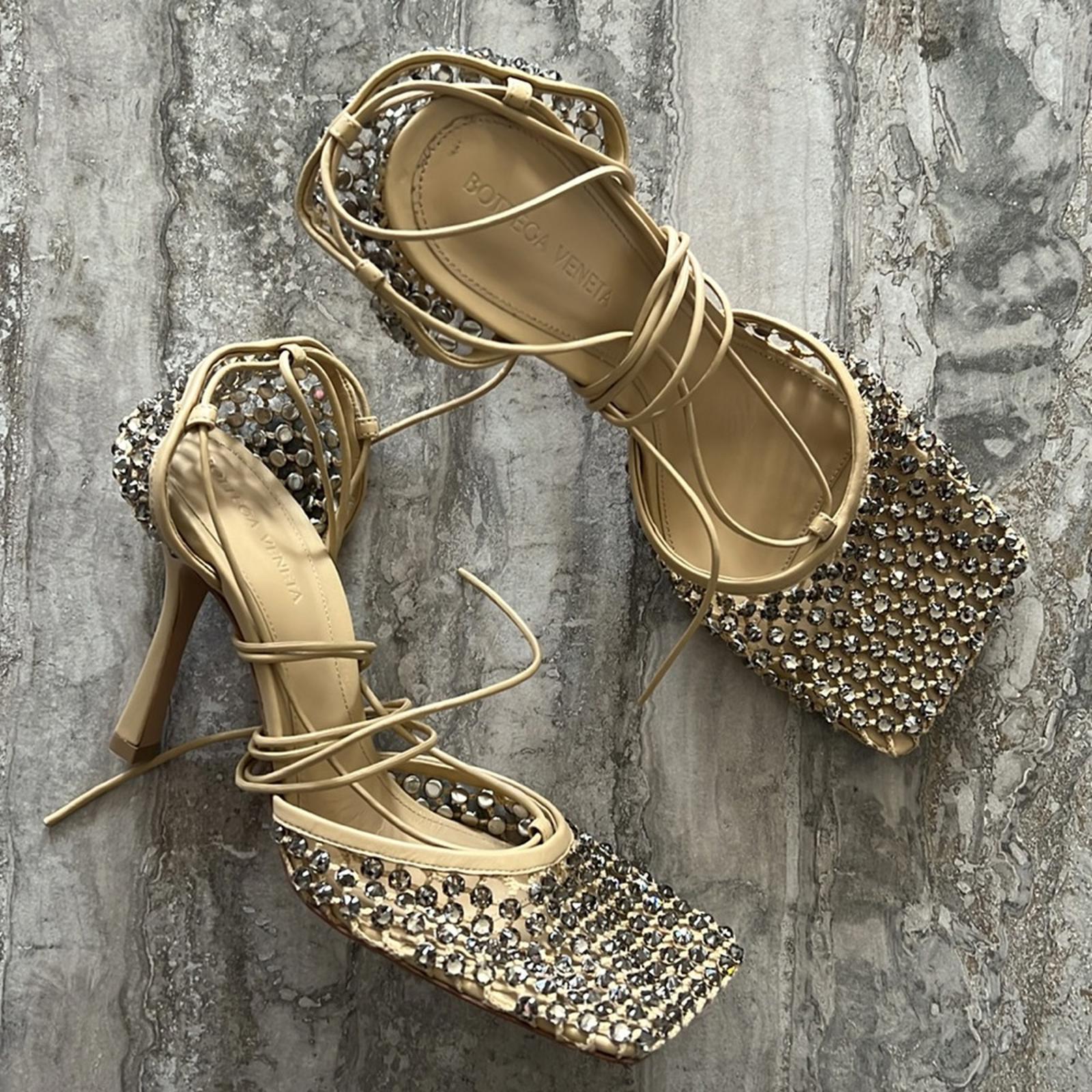 Bottega Veneta Sparkle Stretch Lace-Up Sandals, Toile Size 41 New in Box $1950