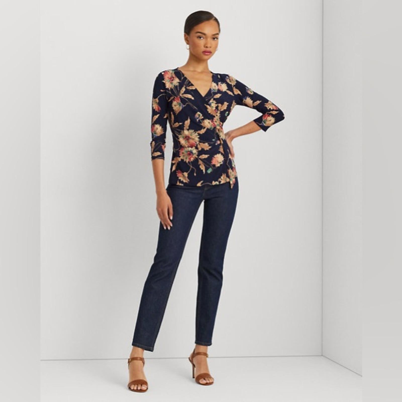 Lauren Ralph Lauren Floral Stretch Jersey Top in Navy Tan Multi Size 1X NWT
