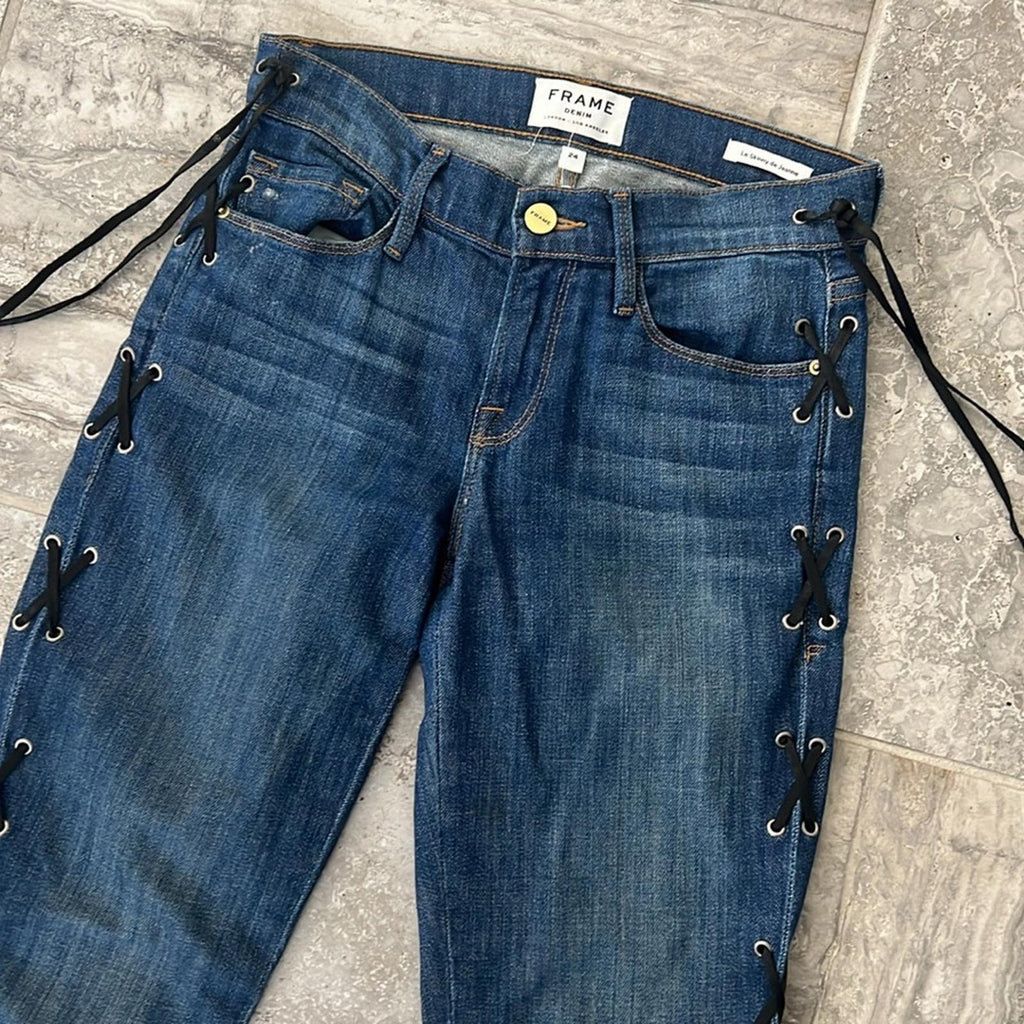 FRAME Le Skinny de Jeanne Jeans with Side Lace-Up Detail Jeans in Blue, Size 24