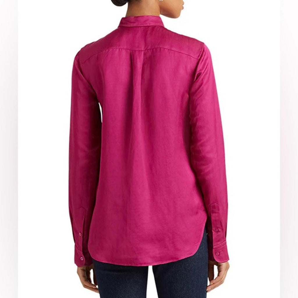 Lauren Ralph Lauren Satin Long Sleeve Buttoned Top in Fuchsia, Plus Size 1X NWT