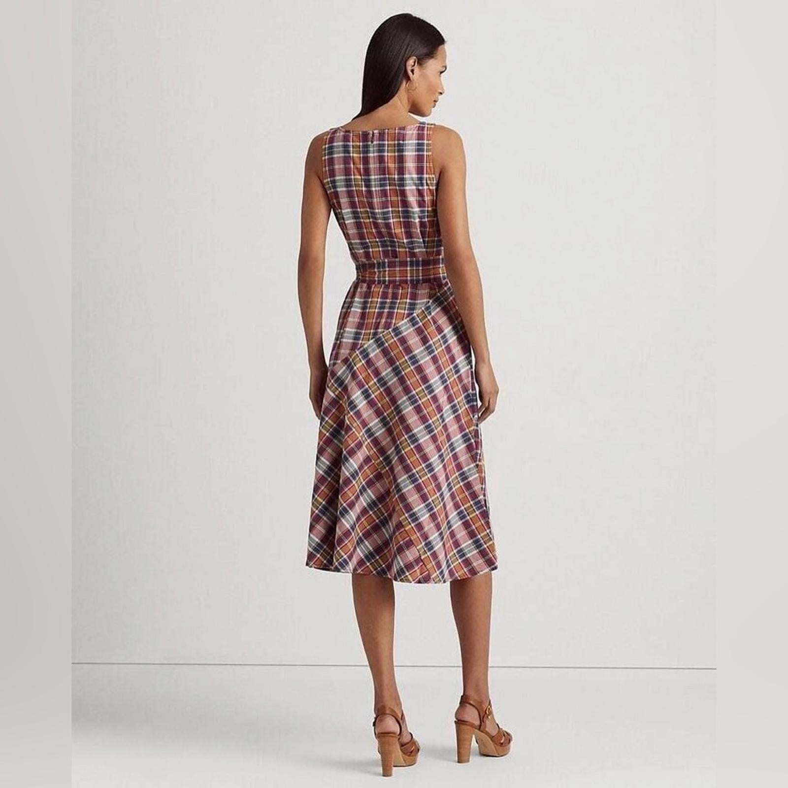 Lauren Ralph Lauren Madras Plaid Belted Midi Dress, Size 18, New w/Tag