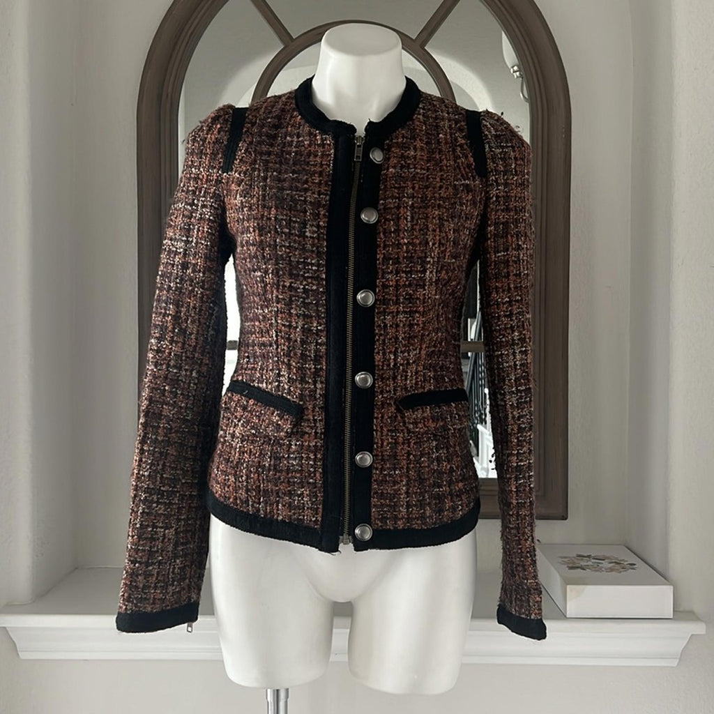 Free People Tweed Moto Jacket, Wool Brown/Purple w/Black Trim Size 4 Retail $198