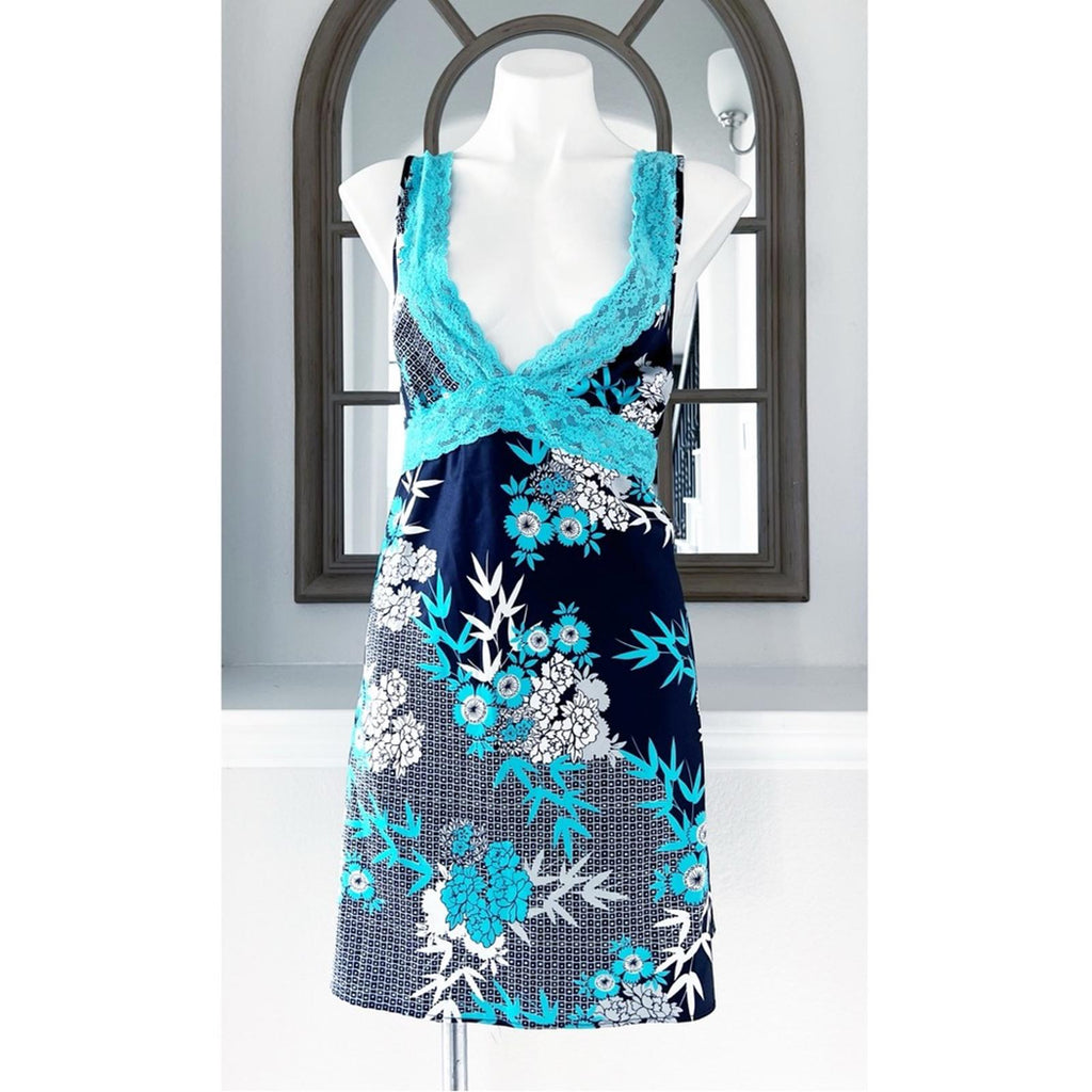 Jones NY Floral Lace Trim Lingerie Satin Sleepwear Dress, Size XL Blue Multi