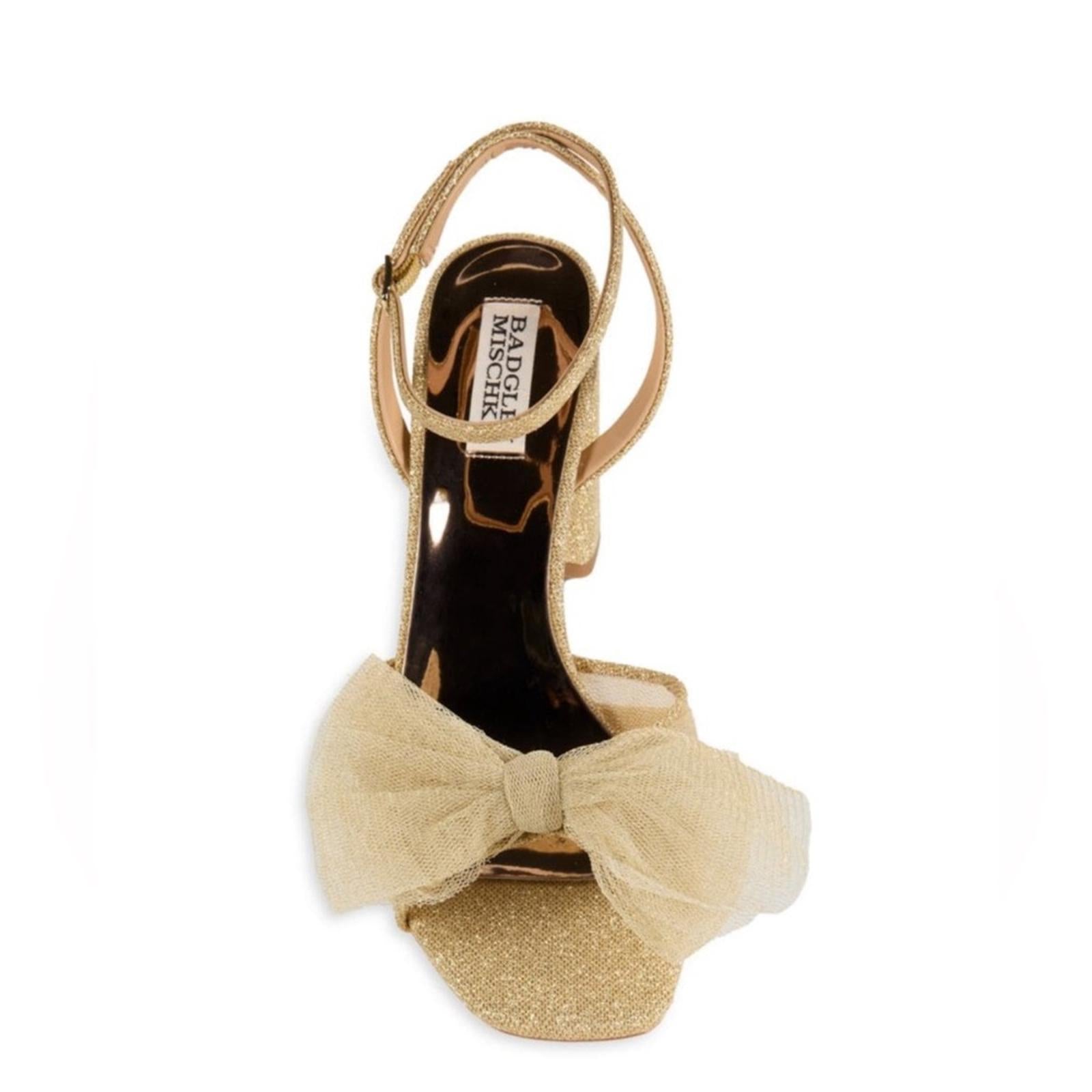 Badgley Mischka Tess Tulle Bow Block Heel Sandals in Gold Size 11 New in Box