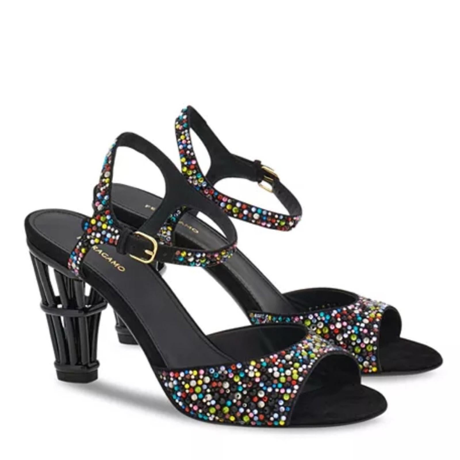 Ferragamo Nikla 85 Embellished High Heel Sandals in Black, NEW, Size 6 $1,350