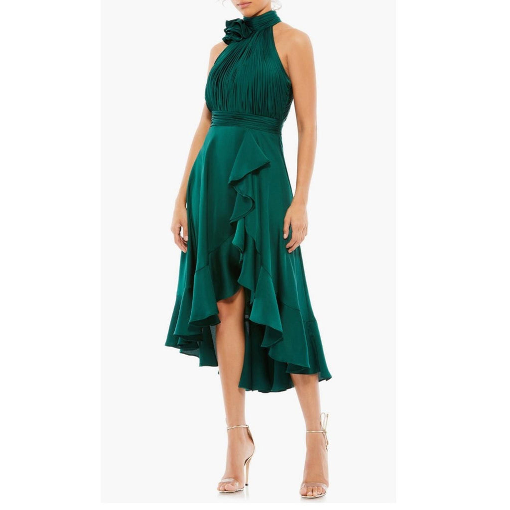 Mac Duggal Pleated Bodice High-Low Satin Cocktail Dress in Emerald Green NWT