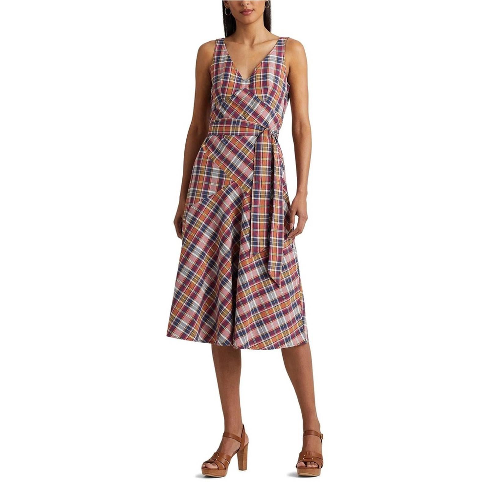 Lauren Ralph Lauren Madras Plaid Belted Midi Dress, Size 18, New w/Tag