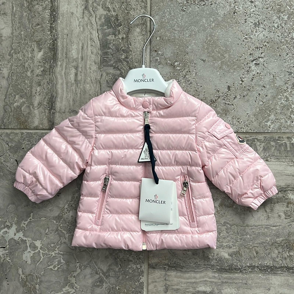 MONCLER Paulas Down Logo-Patch Sleeve Jacket, Pink Girl’s Size 6-9M New w/Tag