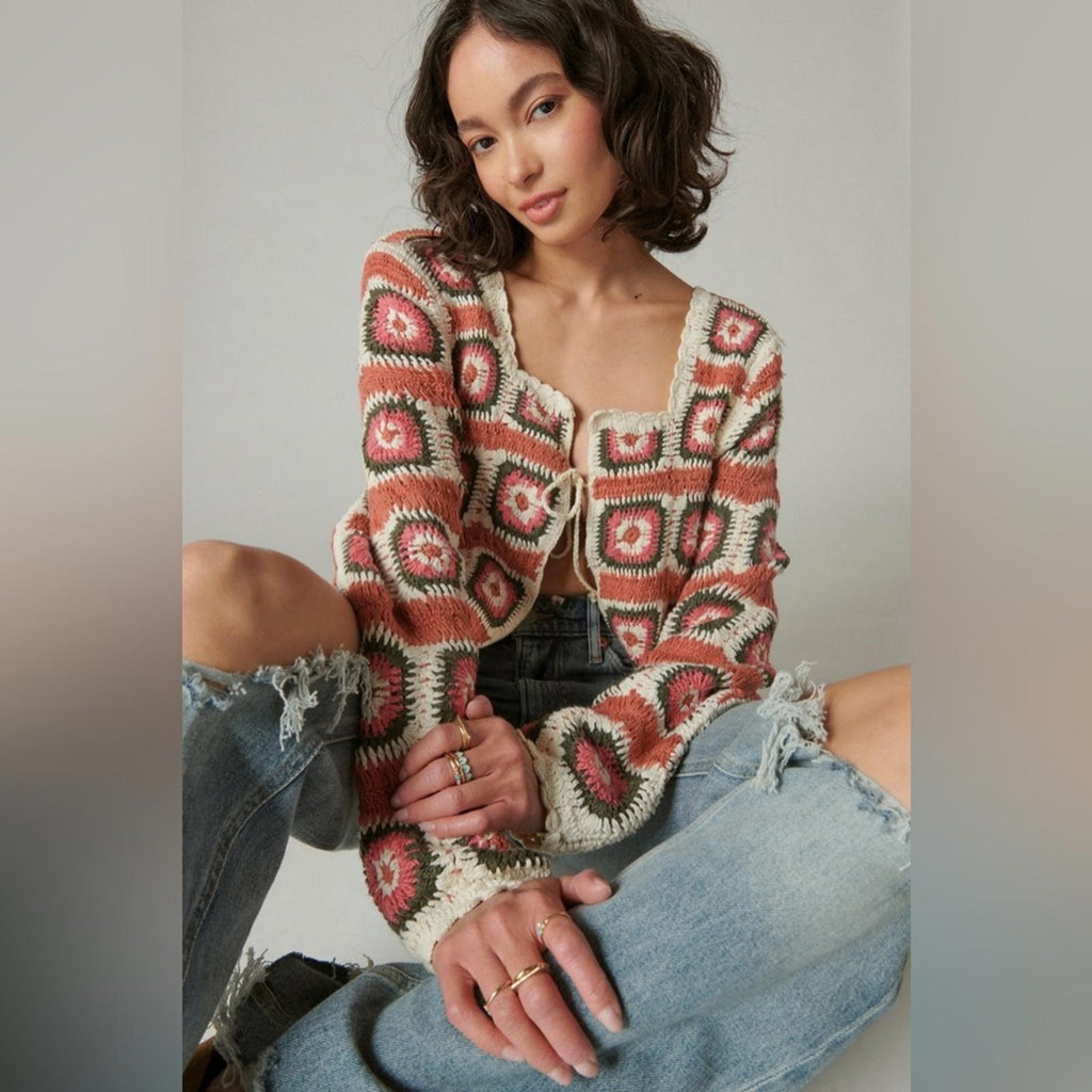 Lucky Brand Geo Crochet Cardigan, NWT, Size L
