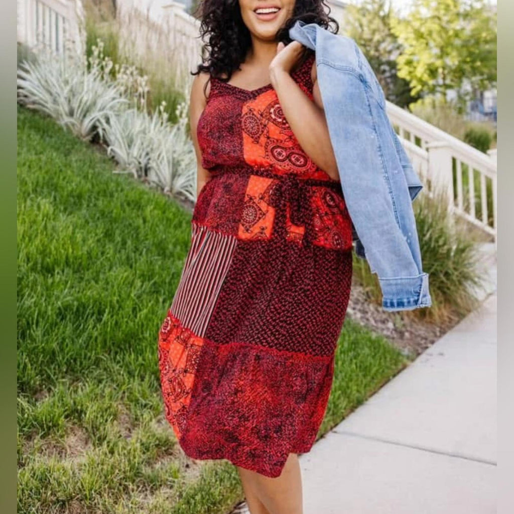 Lane Bryant Red Patchwork Print Midi Dress w/Belt, NWT, Size 14