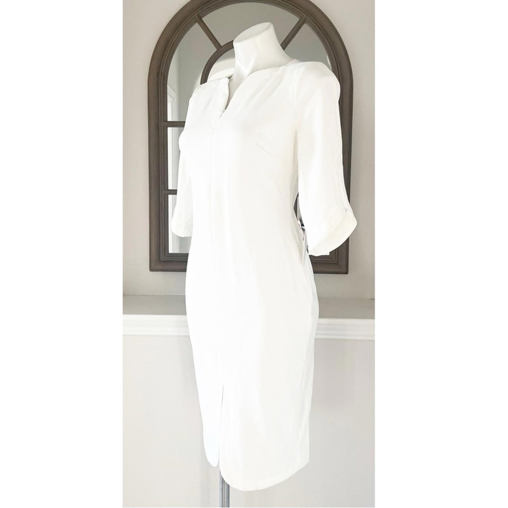 Calvin Klein WHITE Zippered 3/4 Sleeve V-Neck Midi Sheath Dress, Size 4 NWT $134