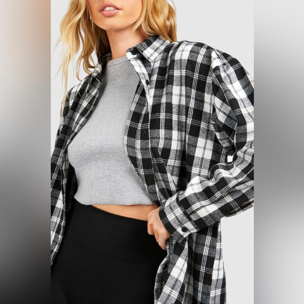 Boohoo Black/White Flannel Oversized Shirt, Size XL New w/Tag