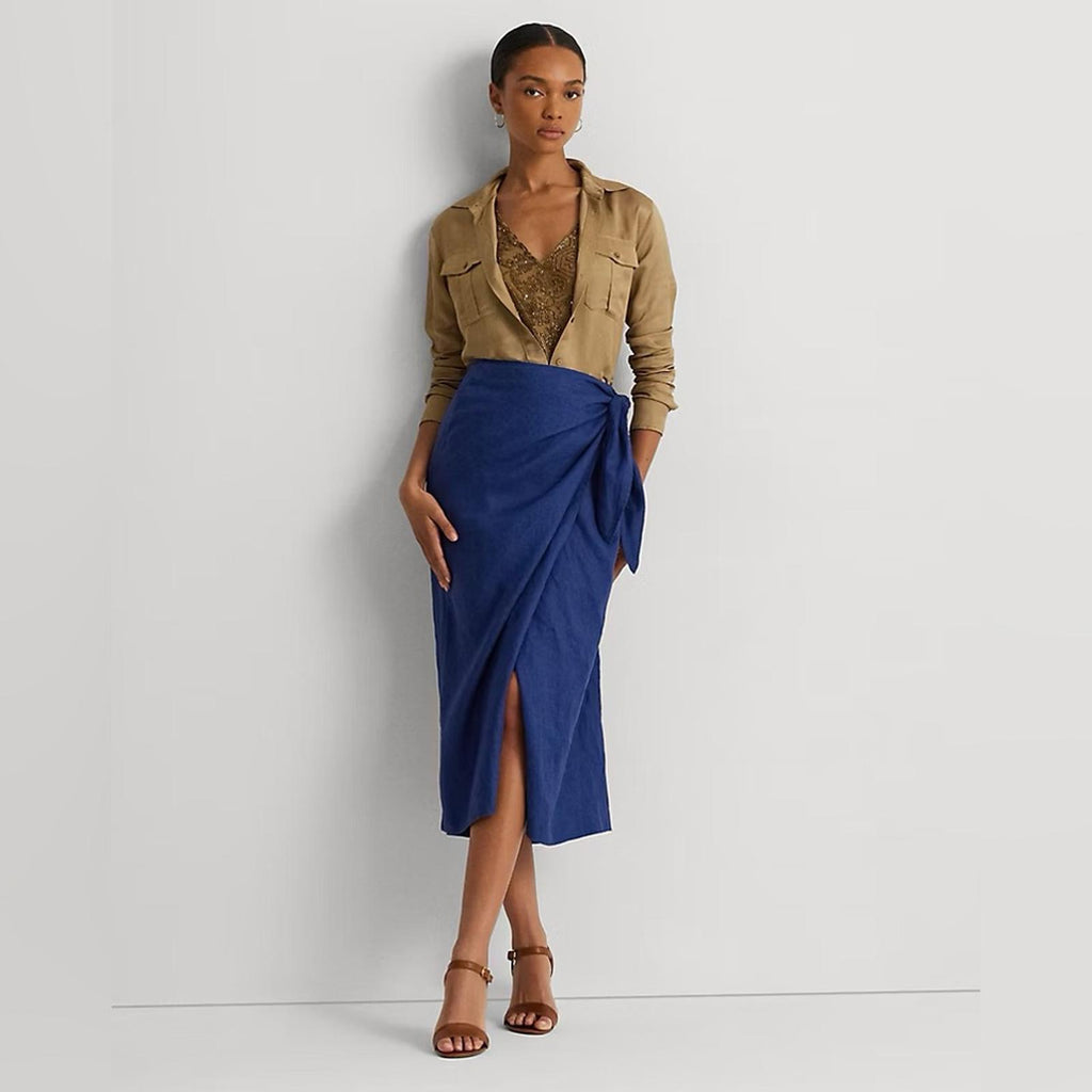 Lauren Ralph Lauren Linen Wrap Midi Skirt in Indigo Sail, Size 4 New w/Tag