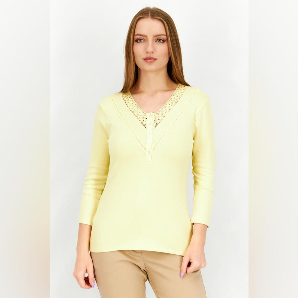 Ralph Lauren Lace-Trim Henley Top, Yellow Bloom Size XXL New w/Tag