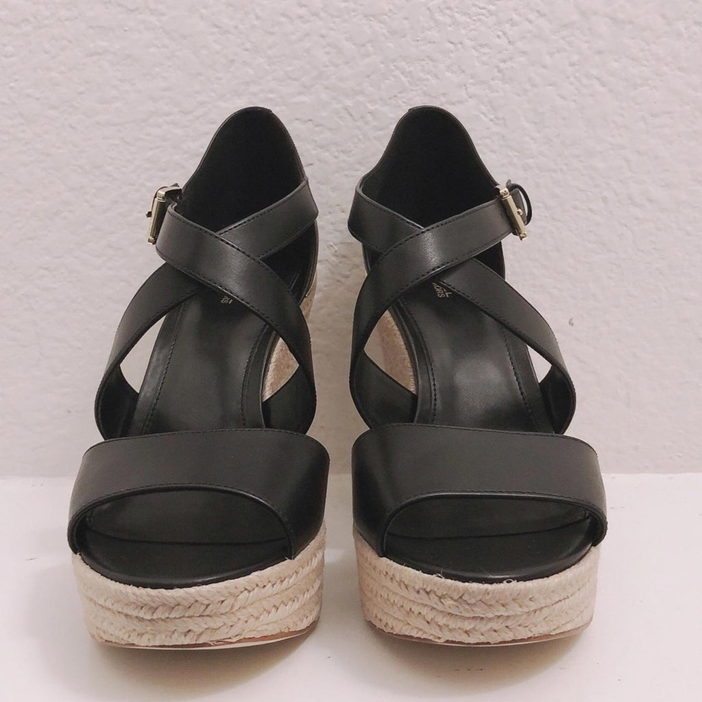 NEW Michael Kors Leather Wedge Sandals Espadrilles Black, Size 9.5 Retail $139