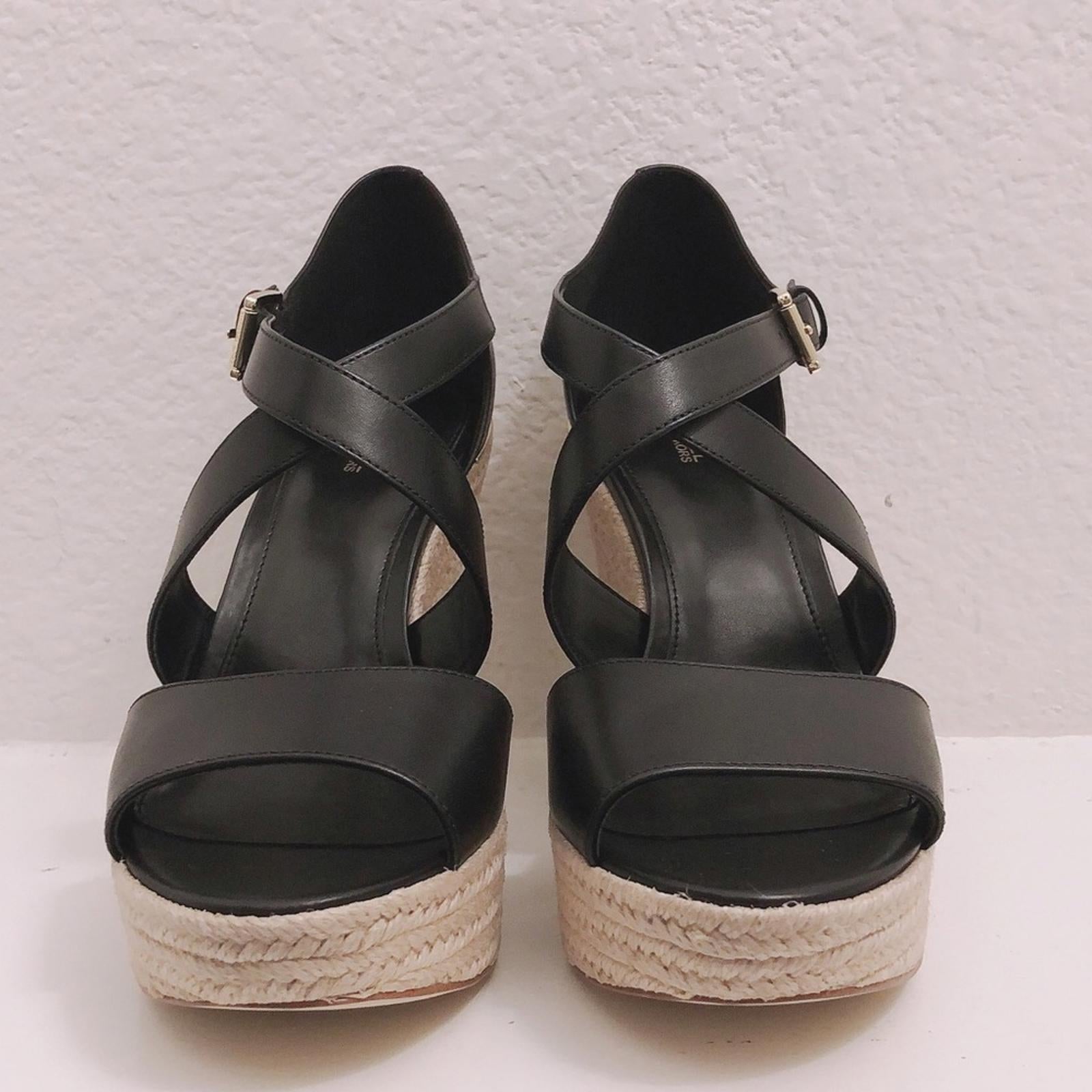 NEW Michael Kors Leather Wedge Sandals Espadrilles Black, Size 9.5 Retail $139