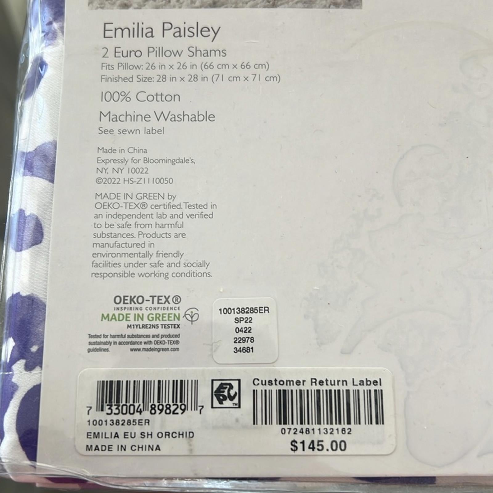 2 SKY Emilia Paisley Euro Shams in Purple/White New w/Tag $145