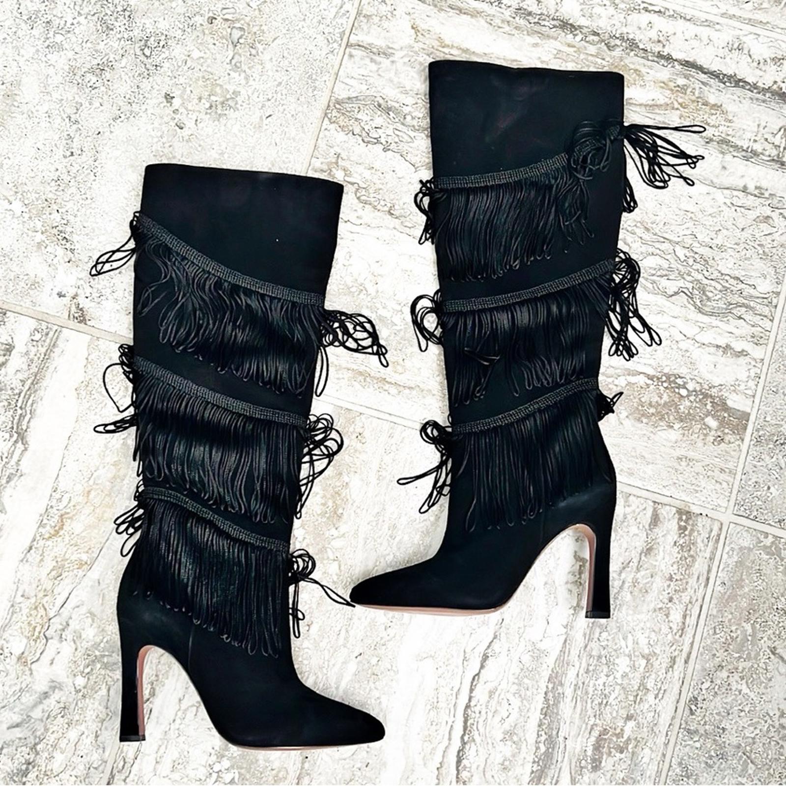 BCBGMaxazria Suede Fringe Heeled Boots, Black Size 7.5 New w/o Box Retail $499