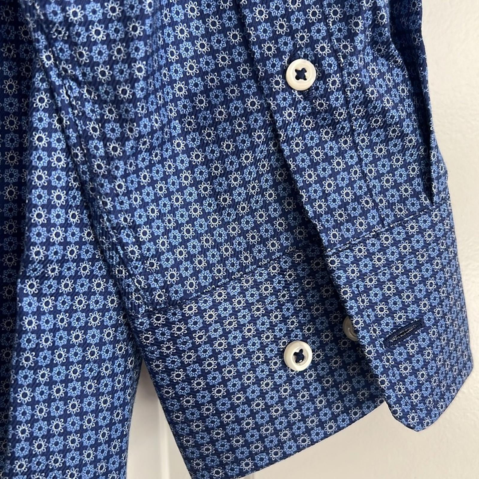 NEW David Donahue Geometric Floral Print Dress Shirt in Navy, Size 17 (34/35)