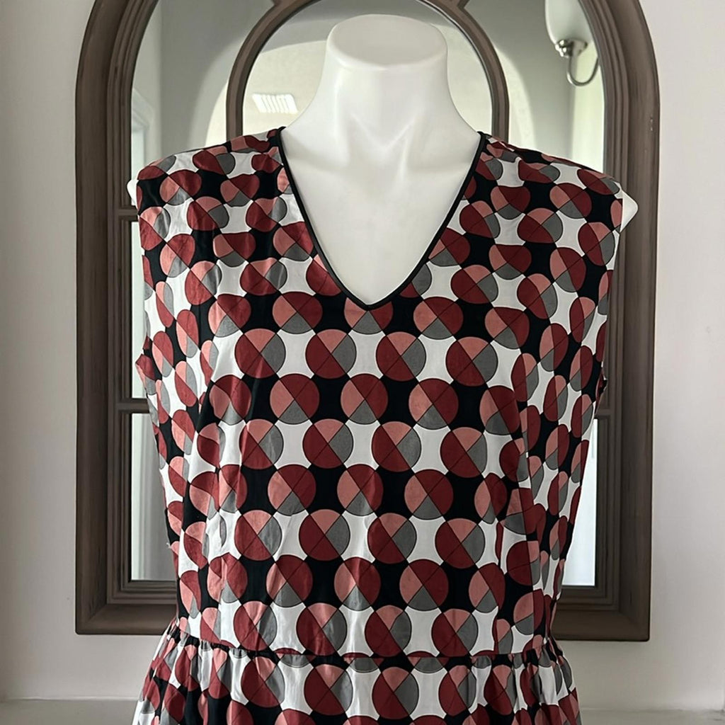 MARNI Geometric Print Tiered Dress w/Pockets & Leather Trim, Size 40 EXCELLENT!