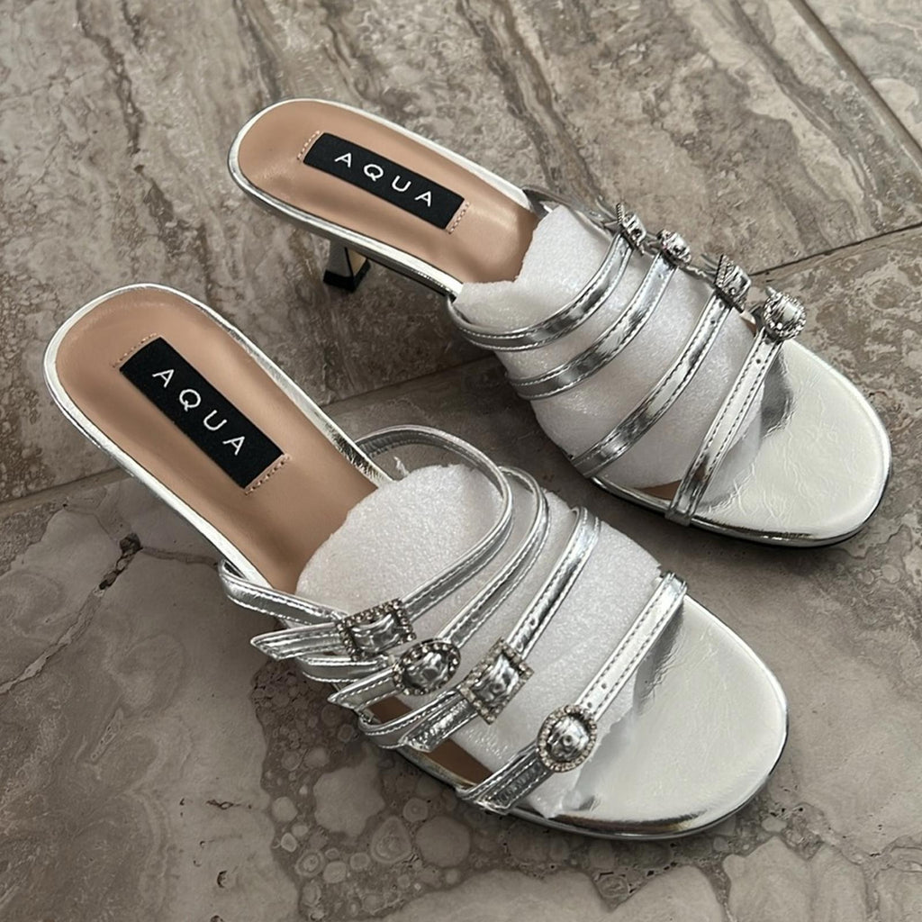AQUA Luis Strappy Buckled Mid Heel Sandals in Silver, Size 8 NEW in Box