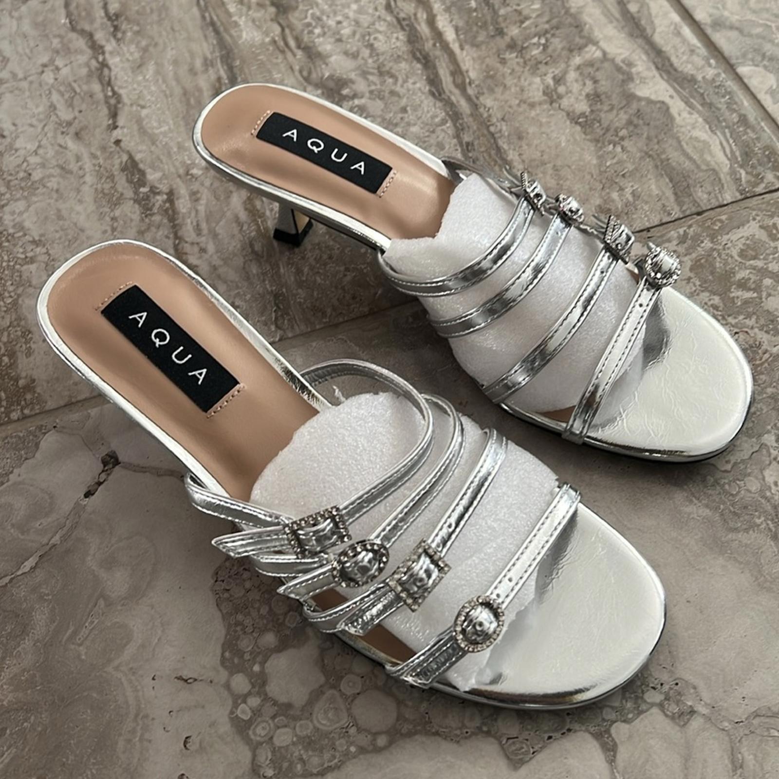 AQUA Luis Strappy Buckled Mid Heel Sandals in Silver, Size 8 NEW in Box