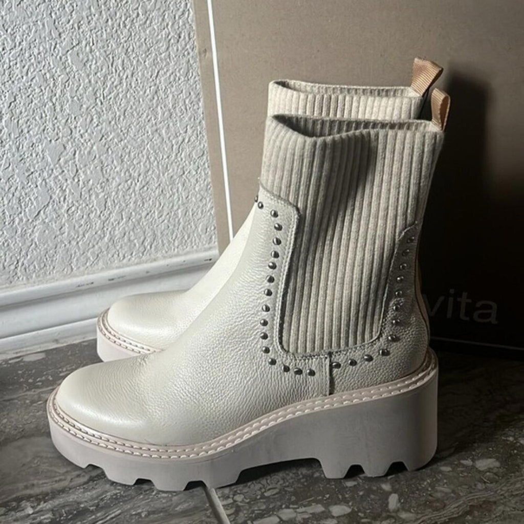 NEW Dolce Vita Hoven Stud H2O Waterproof Chelsea Boots, Ivory Leather Size 9.5