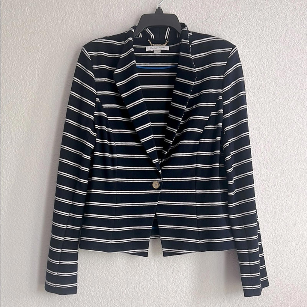 Calvin Klein Striped One-Button Blazer in Navy/White, Size 14 EXCELLENT!