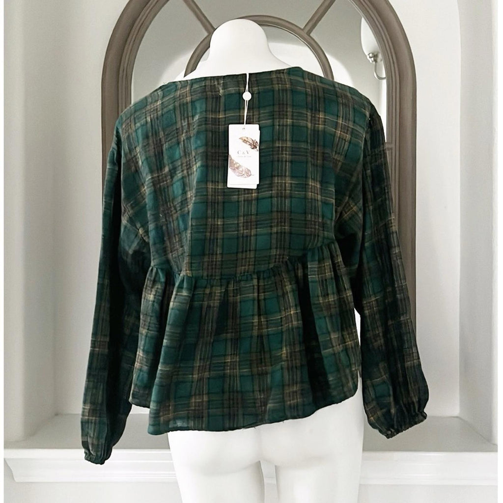 Chelsea & Violet Plaid Peplum Cropped Top in Olive, Size XS New w/Tag