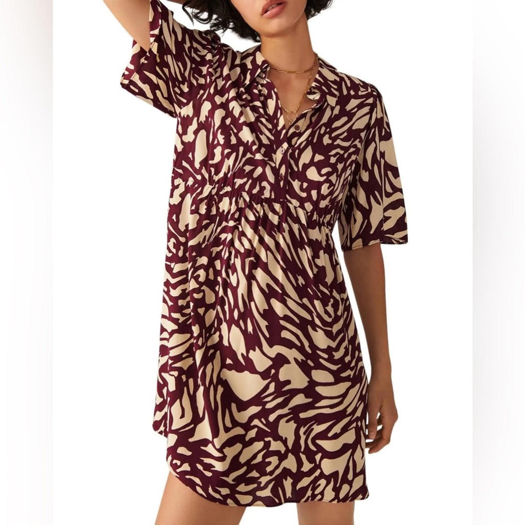 NEW ba&sh Groove Graphic Print Shirt Dress, Bordeaux Size 3/L Retail $295