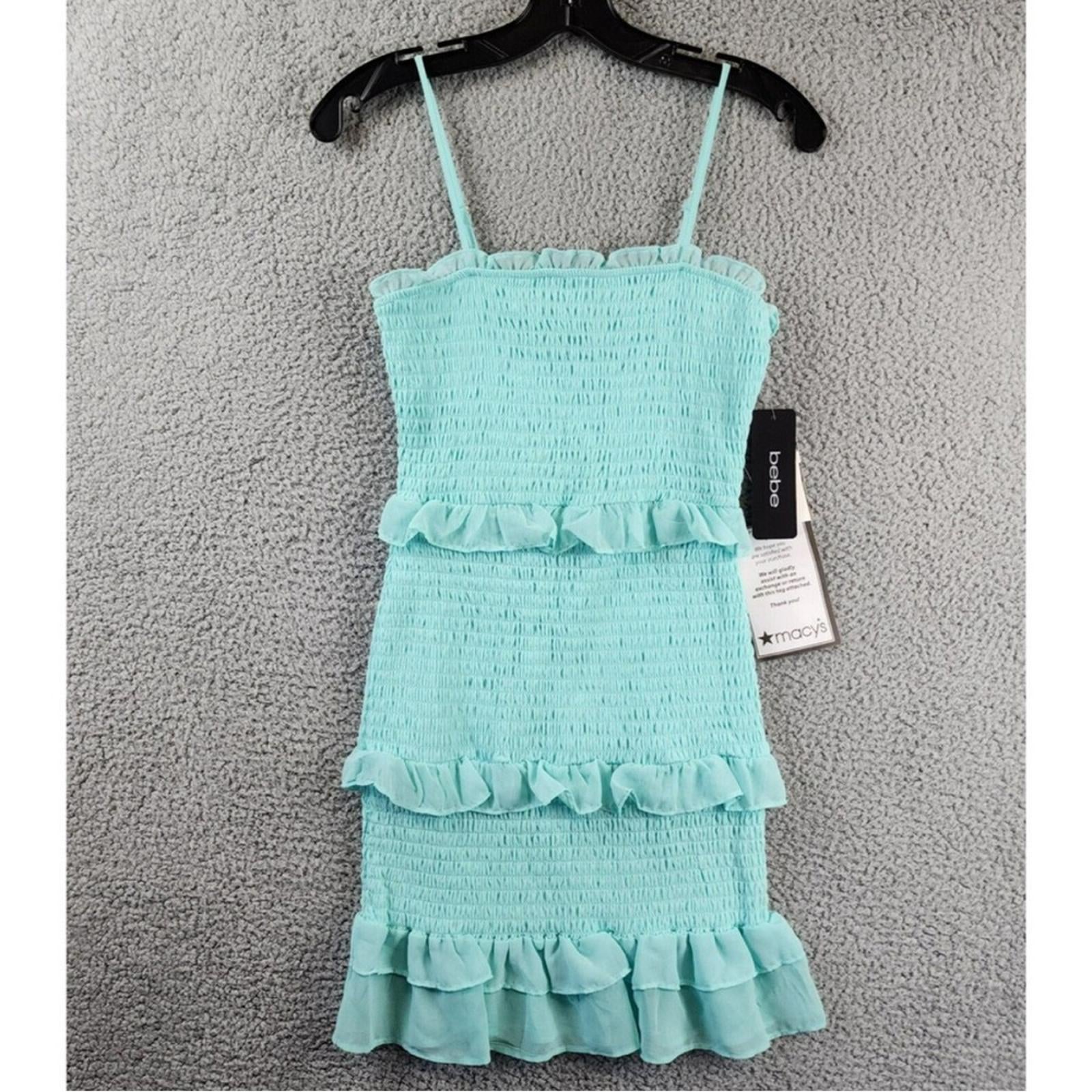 Bebe Smocked Ruffle Mini Dress in Aqua Blue, NWT, Size M