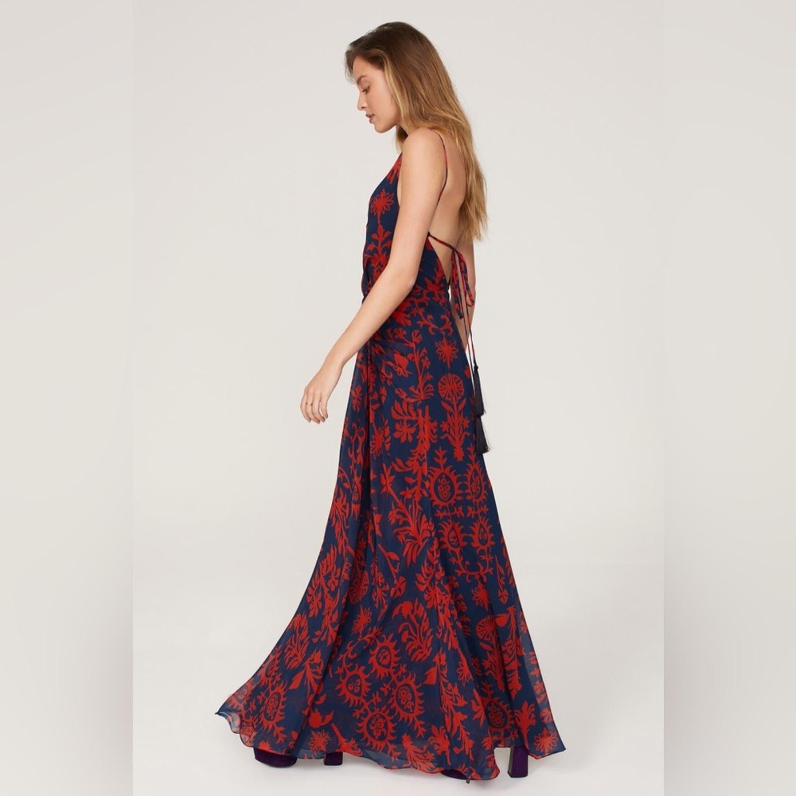 Andres Otalora Printed Chiffon Tie Back Gown in Blue & Red, NWT, Size 0