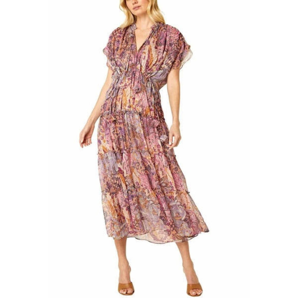 MISA Ilya Split-Neck Tiered Midi Dress, Boho Maxi Size XS New w/Tag $430