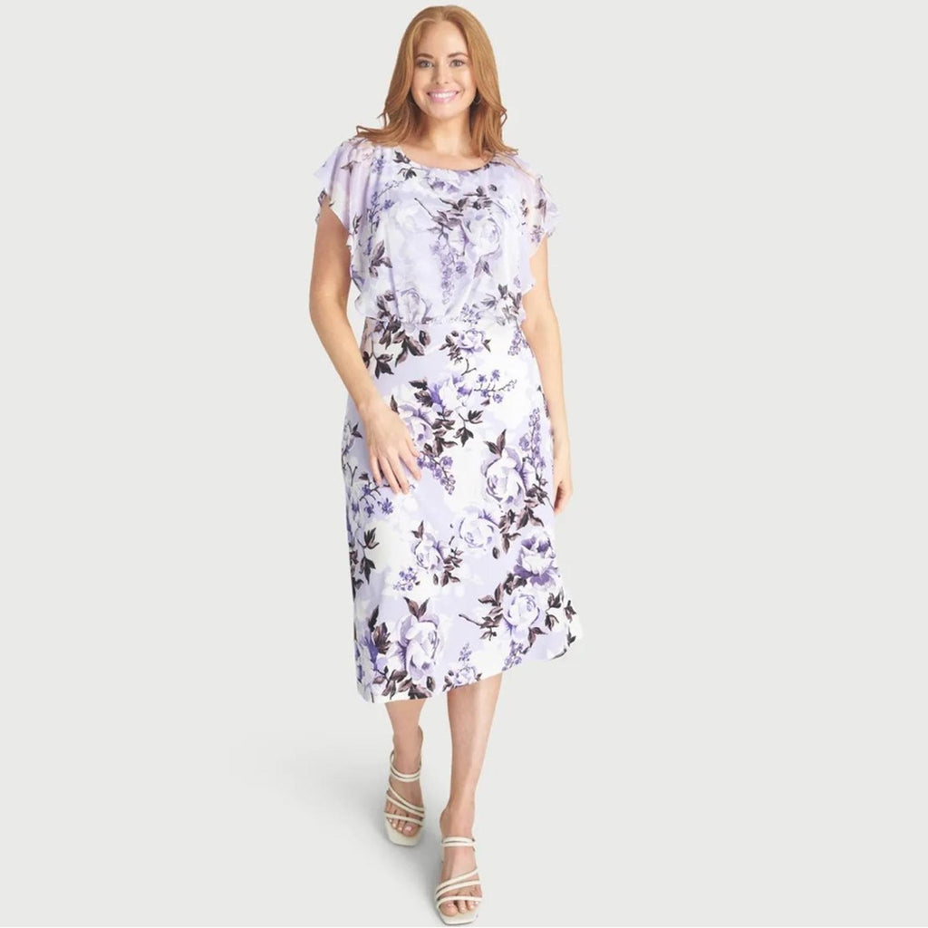 Connected Apparel Daphne Lavender Floral Chiffon Popover Dress, Petite Size 14