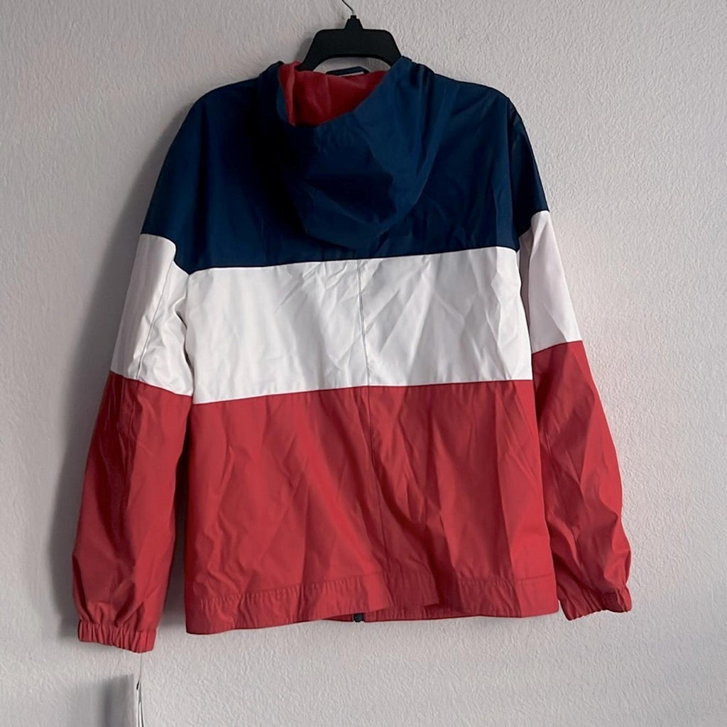 Club Room Rubberized Lightweight Hooded Rain Jacket Red, White, Blue Size S NWT