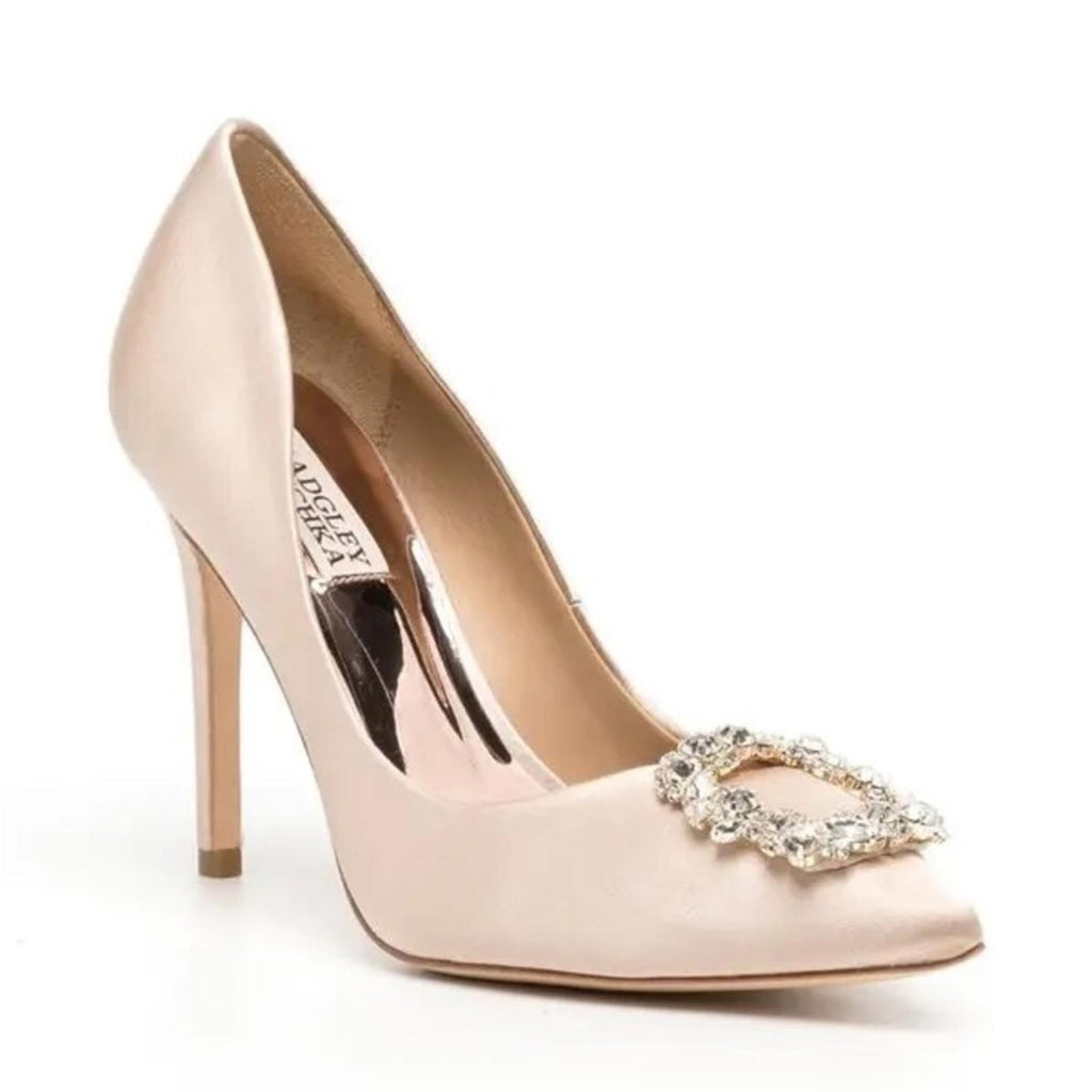 Badgley Mischka NUDE 110mm Crystal-Embellished Satin Buckle Pumps, Size 8 NEW