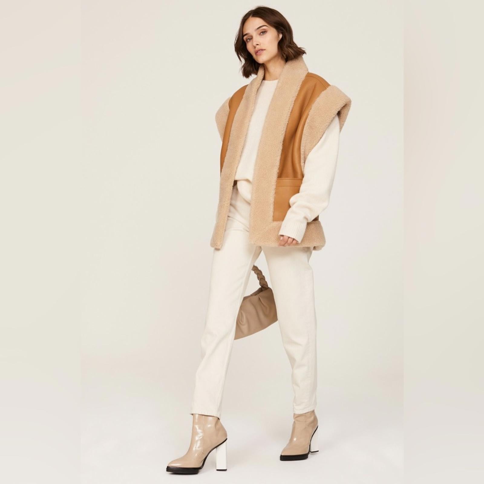 A.L.C. Sutton Faux Shearling Vest in Tan/Cream, Size XL NEW w/Tag