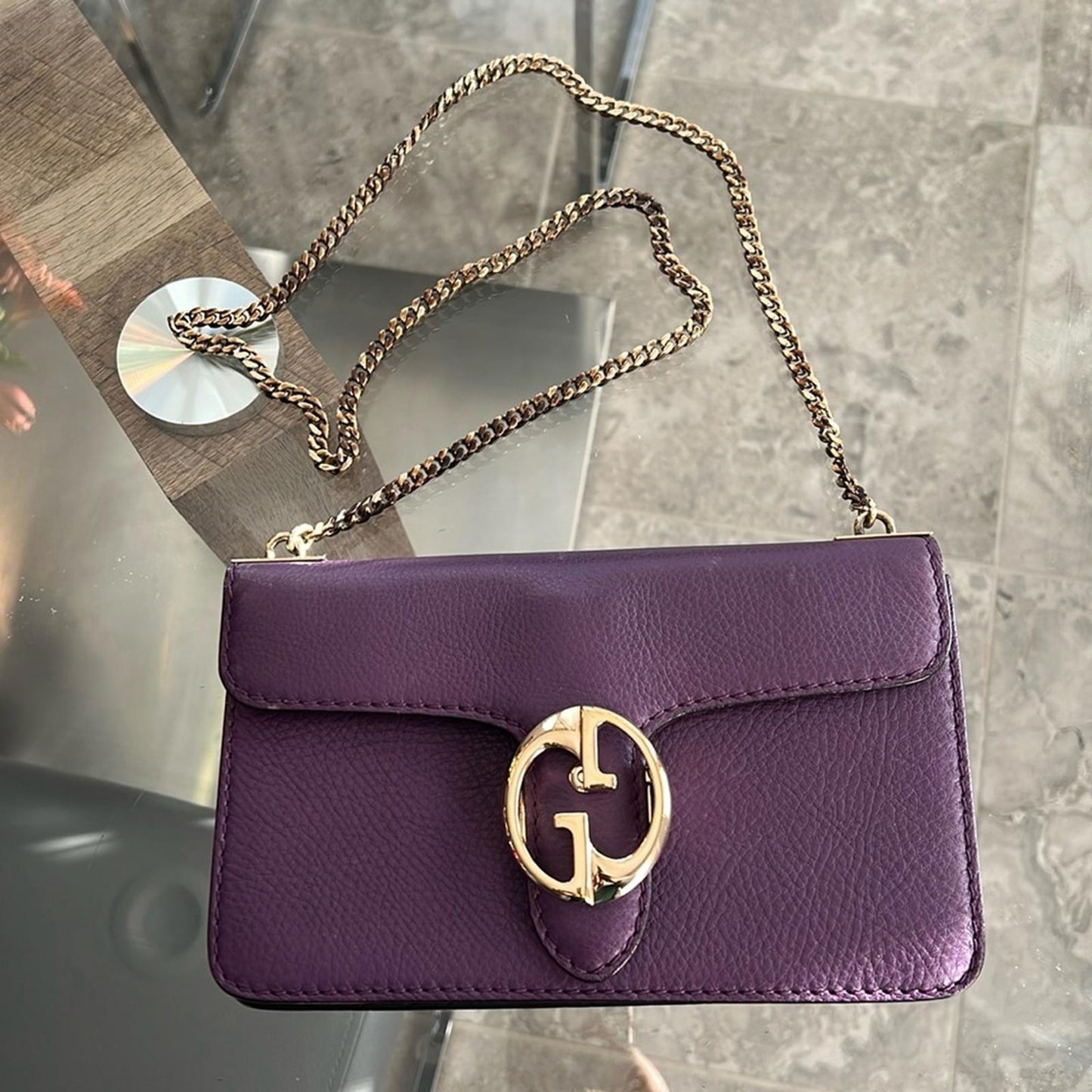 Gucci Flap Shoulder Bag Leather Medium, Purple w/Gold tone w/Dustbag