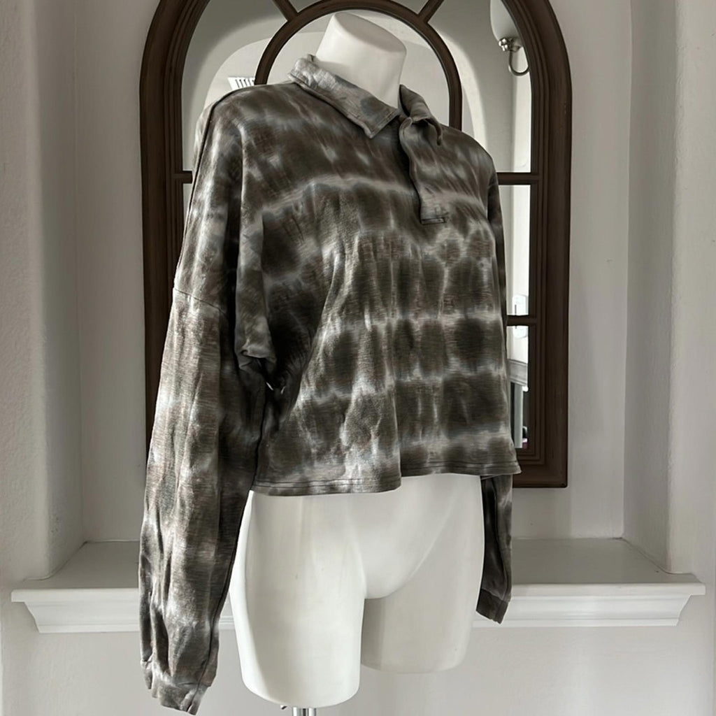Olivaceous Tie-Dye Cropped Top Polo Long Sleeve Shirt, EXCELLENT!