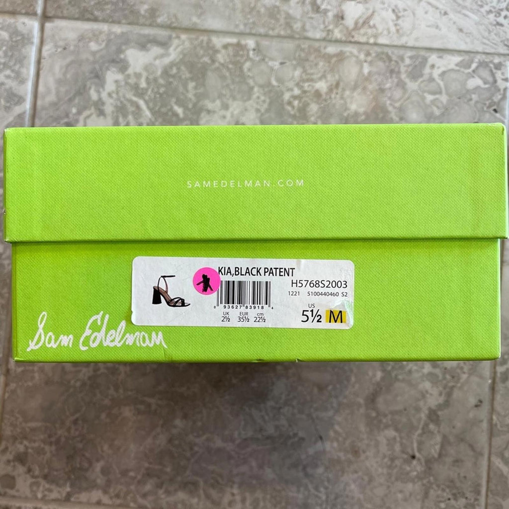 Sam Edelman Kia Block Heel Sandal Black Patent New in Box, Retail $140