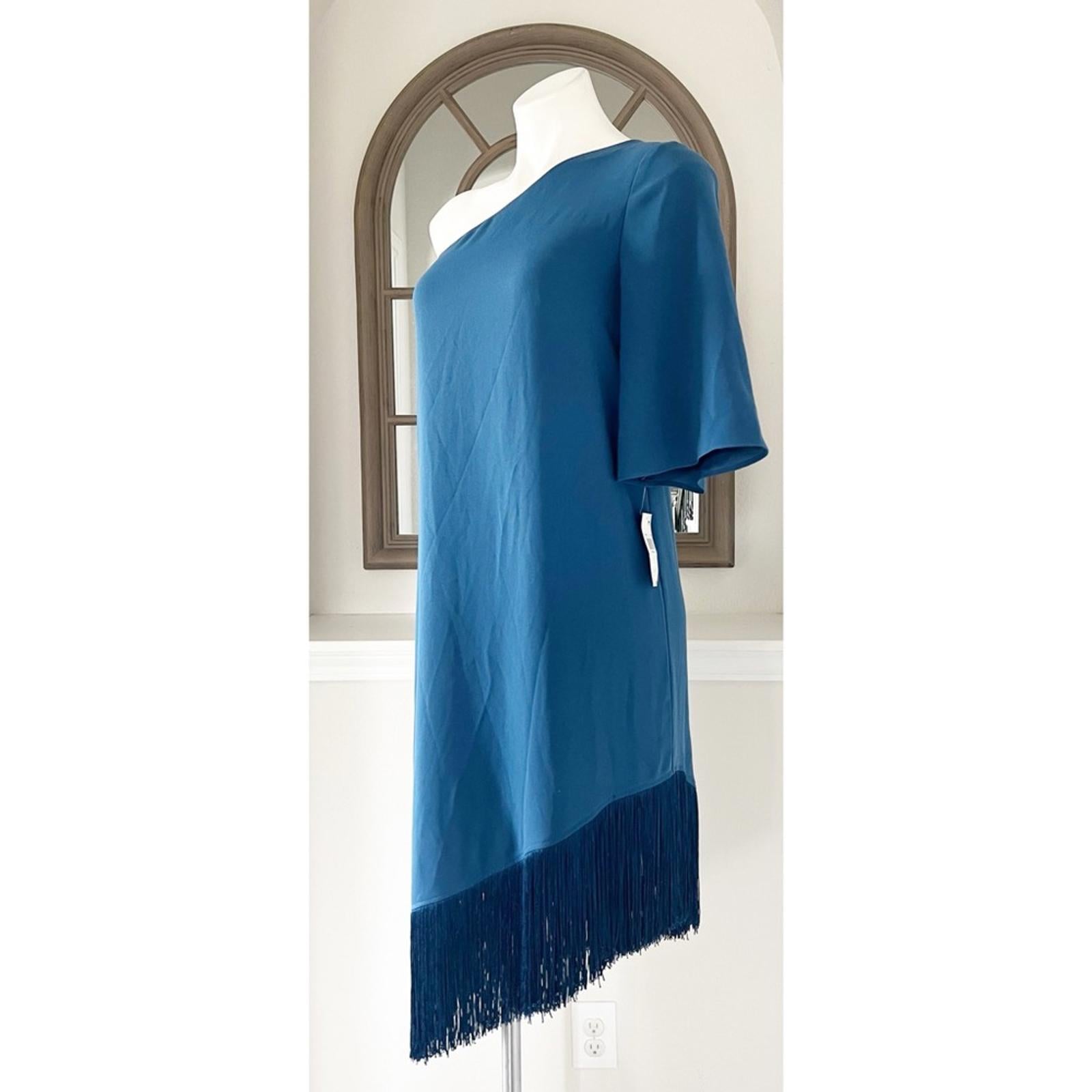 Trina Turk Gull One-Shoulder Asymmetric Fringed Dress in Denim, Size S New w/Tag