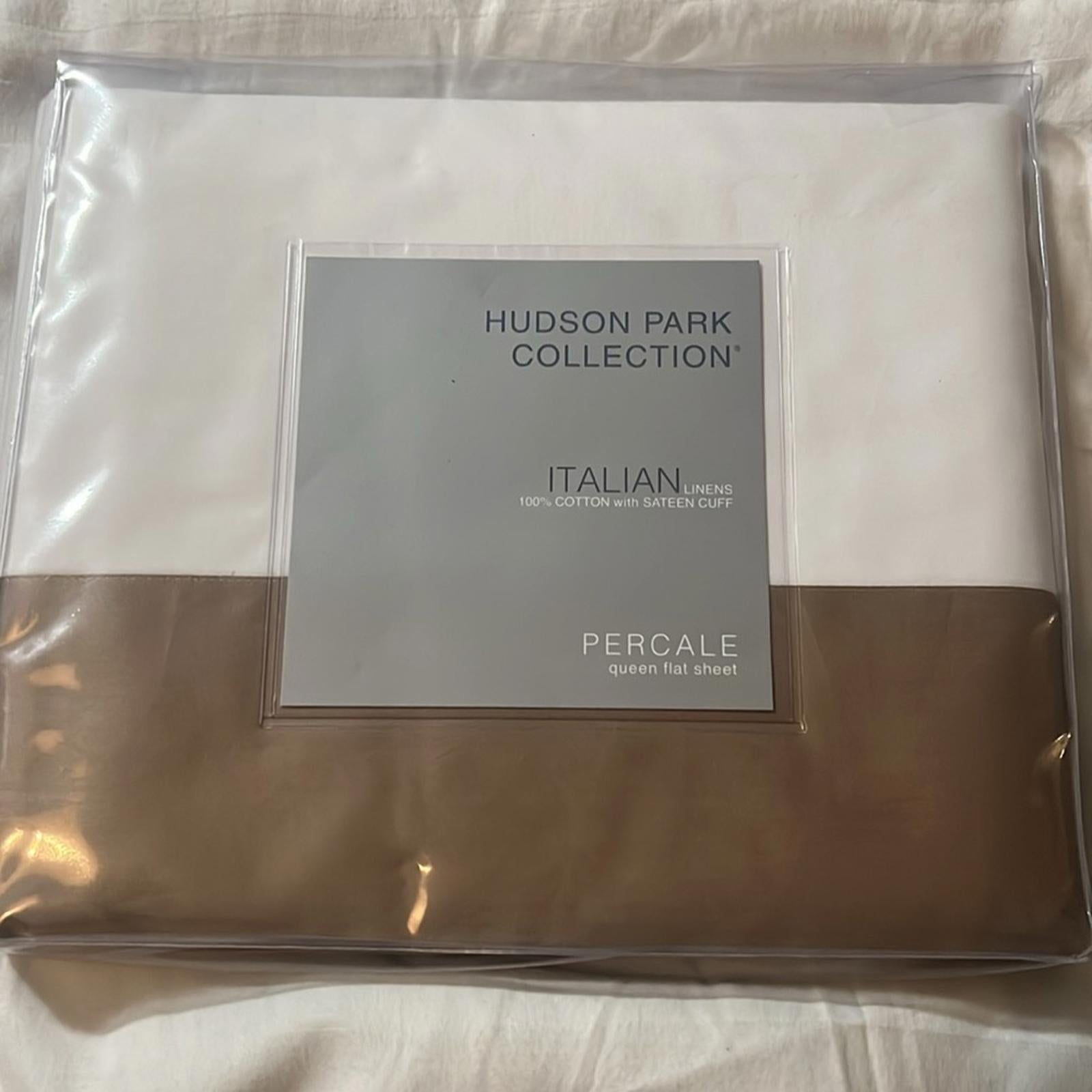 Hudson Park Collection Italian Cuff Flat Sheet in White/Brown, NWT, Queen $195
