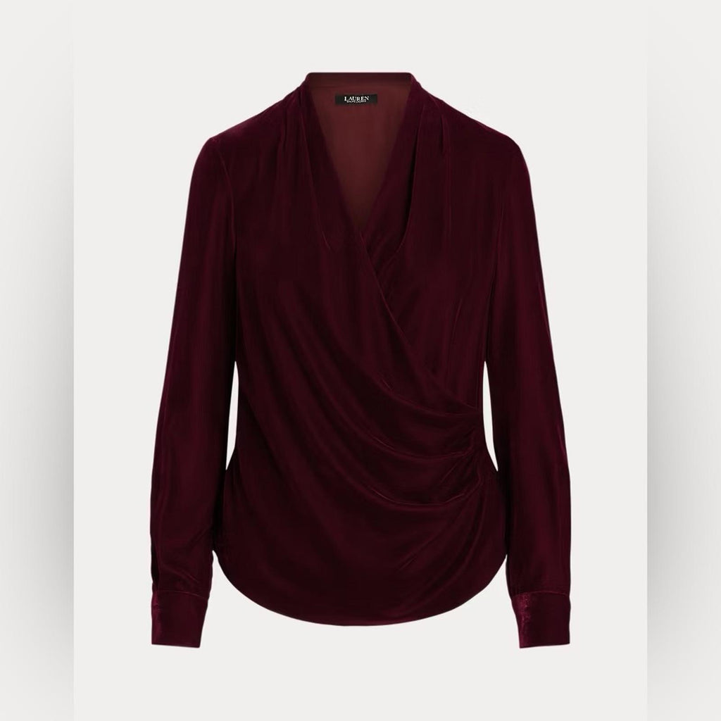 Lauren Ralph Lauren Pleated Velvet Surplice Blouse, Size 6 NEW $165