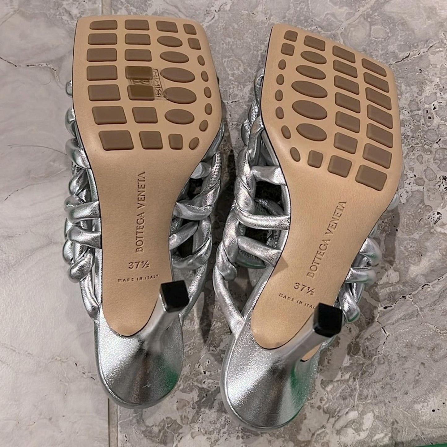Bottega Veneta Stretch High Heel Slide Sandals in Silver Size 37.5 NEW+2DustBags